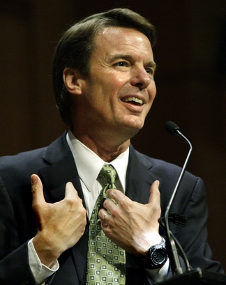 Former presidential candidate John Edwards answers a student's question after delivering a speech entitled 'Beautiful America' to students at Brown University in Providence, R.I. Tuesday, March 10, 2009. It is one of Edwards' first public appearances since his admission of infidelity last summer. (AP Photo/Elise Amendola)