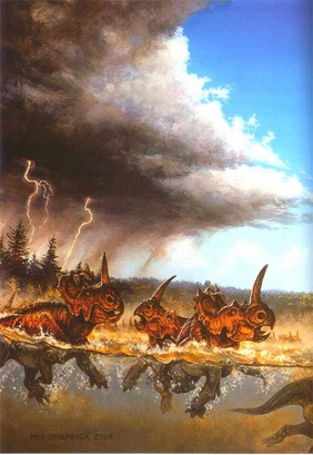 This illustration depicts a herd of centrosaurs (a type of horned dinosaur) drowning in a flood millions of years ago in what is now Alberta. They lef