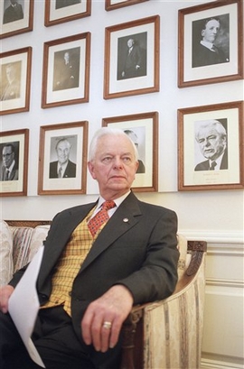 Sen. Robert Byrd, D-W.Va., relaxes in his Capitol Hill office on Wednesday, Jan. 18, 1995 in Washington.   As the Senate's senior Democrat and its most erudite orator, Byrd has long played a powerful role.  Now that the Republicans are in control, he's not about to give up. (AP Photo/John Duricka)
