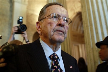 Sen. Ted Stevens, R-Alaska, leaves the Senate chamber after making his last formal speech on the Senate floor and listening to tributes from his colle