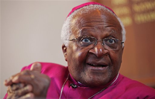Nobel peace laureate Desmond Tutu talk during a press conference...