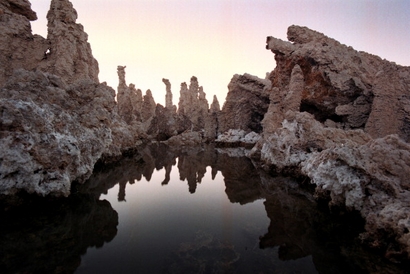 The "Tufa" formations will slowly be re-submerged into the briny water where they were formed by an underwater chemical reaction between submerged fre