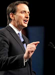 Former Minnesota Governor Tim Pawlenty addresses a crowd of 2500 people during the Tea Party Patriots American Policy Summit at the Phoenix Convention Center on Saturday, Feb. 26, 2011, in Phoenix. (AP Photo/Darryl Webb)