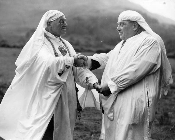 Two Druids meet on the Isle of Mull in Scotland, September, 1954,...