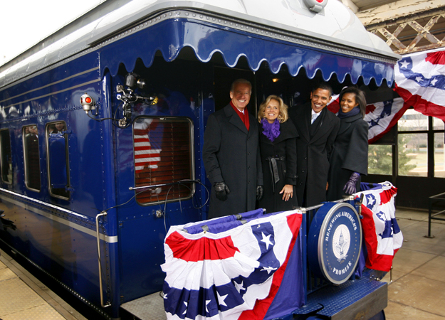 Barack and Michelle Obama pick up Joe and Jill Biden on their inaugural whistle-stop tour in Wilmington, Del. The 137-mile route, starting in Philadelphia and ending in Washington, D.C., was the same one that Abraham Lincoln took nearly a century and a half ago.