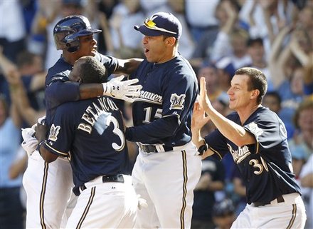 Milwaukee Brewers' Nyjer Morgan, Left, Is