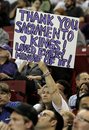 A Sacramento Kings fan thanks the team during the Kings NBA basketball game against the Oklahoma City Thunder in Sacramento, Calif., Monday, April 11, 2011.  The Maloof family, the majority owners of the Kings have been in talks with officials from Anaheim to move the team there next season. The Thunder beat the Kings 120-112.