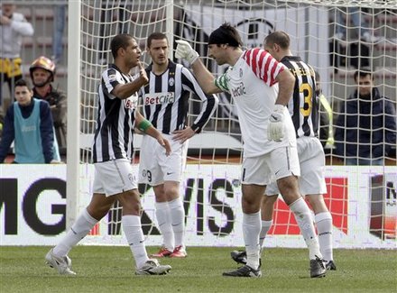 Juventus Goalkeeper Gianluigi Buffon, Right, Greets