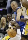 Indiana Pacers guard Darren Collison , left, is defended by Dallas Mavericks guard Jason Kidd (2) during the first quarter of an NBA basketball game in Indianapolis, Wednesday, Jan. 12, 2011. Indiana won 102-89.