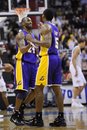 Los Angeles Lakers shooting guard Kobe Bryant (24) reacts with teammate Ron Artest , right, during the second half of an NBA basketball game against the Washington Wizards , Tuesday, Dec. 14, 2010, in Washington. The Lakers won 103-89.