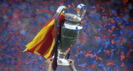 The Champions League trophy is displayed after FC Barcelona at the Camp Nou stadium in Barcelona city, Sunday, May 29, 2011.
