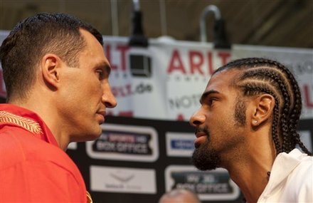 WBO And IBF Champion Wladimir Klitschko And WBA Champion David Haye, From Left, Stand Face To Face