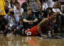 INDIANAPOLIS, IN - APRIL 23: Derrick Rose #1 of the Chicago Bulls picks himself up off of the floor after being knocked down against the Indiana Pacers in Game Four of the Eastern Conference Quarterfinals in the 2011 NBA Playoffs at Conseco Fieldhouse on April 23, 2011 in Indianapolis, Indiana. The Pacers defeated the Bulls 89-84. (Photo by Jonathan Daniel/Getty Images)