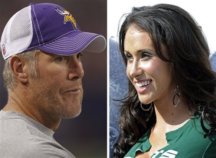 FILE - At left, in a Sept. 2, 2010, file photo,  is Minnesota Vikings quarterback Brett Favre before an NFL football game against the Denver Broncos , in Minneapolis. At right, in a Sept. 14, 2008, file photo, is Jenn Sterger on the sideline before an NFL football game between the New York Jets and New England Patriots , in East Rutherford, N.J.  The ex-New York Jets employee involved in the allegation against Favre has hired a lawyer. Sterger's manager Phil Reese says Wednesday, Oct. 20, 2010, the decision was made "after much deliberation."