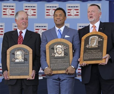 Pat Gillick, Left, Roberto Alomar, Center, And Bert Blyleven Hold Their Plaques