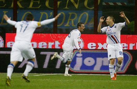 Sampdoria Midfielder Stefano Guberti, Center, Celebrates