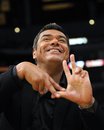 Comedian George Lopez gestures during the second half in Game 2 of a first-round NBA basketball playoff series between the Los Angeles Lakers and the New Orleans Hornets , Wednesday, April 20, 2011, in Los Angeles. The Lakers won 87-78.