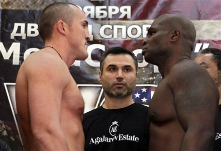 Denis Lebedev Of Russia, Left, And James Toney From The United States, Right, Square Off Against Each Other