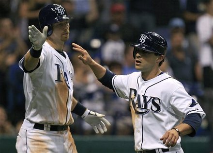 Tampa Bay Rays' Sam Fuld, Right, High Fives