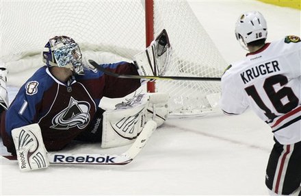 Colorado Avalanche Goalie Semyon Varlamov (1), Of Russia, Makes A Glove Save On A Shot By Chicago Blackhawks' Marcus