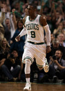 BOSTON, MA - MAY 07: Rajon Rondo #9 of the Boston Celtics heads down court after he scored on a break away in the second half against the Miami Heat in Game Three of the Eastern Conference Semifinals in the 2011 NBA Playoffs on May 7, 2011 at the TD Garden in Boston, Massachusetts.  The Boston Celtics defeated the Miami Heat 97-81. (Photo by Elsa/Getty Images)