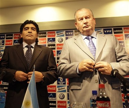 FILE - This Nov. 4, 2008, file photo shows Diego Maradona, left, and Julio Grondona, the head of the Argentine Football Association, during a news conference at the Argentine Football Association in Buenos Aires. Maradona says Argentina players took banned drugs before a qualifying match for the 1994 World Cup. He accuses Grondona, of being in on the scheme. Maradona said Monday, May 23, 2011, on television that Grondona had to know all about it. Grondona had no immediate comment.