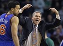 New York Knicks coach Mike D'Antoni yells to a referee as Knicks guard Landry Fields (6) stands nearby during the first half against the Boston Celtics in Game 2 of a first-round NBA basketball playoff series, in Boston on Tuesday, April 19, 2011.