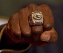 Green Bay Packers ' Donald Driver shows off his Super Bowl ring, Thursday, June. 16, 2011, after the Packers ring ceremony at Lambeau Field in Green Bay, Wis. The Packers defeated the Pittsburgh Steelers in the NFL Super Bowl football championship game Feb. 6.