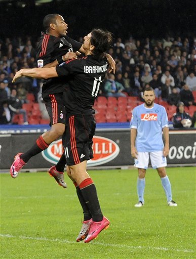 AC Milan's Zlatan Ibrahimovic, Of Sweden, Right, Celebrates