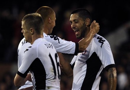 Fulham's Clint Dempsey, Right, Reacts