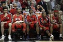 Atlanta Hawks players react as they watch their teammates play against the Chicago Bulls during the fourth quarter in Game 2 of a second-round NBA playoffs basketball series in Chicago, Wednesday, May 4, 2011. The Bulls won 86-73.