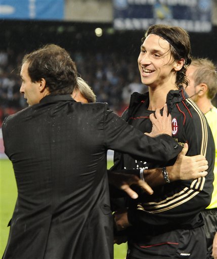 AC Milan's Zlatan Ibrahimovic, Of Sweden, Right, Reacts