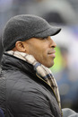 Former New York Giants running back Tiki Barber looks on before the NFL football game between the Philadelphia Eagles and the New York Giants at New Meadowlands Stadium, Sunday, Dec. 19, 2010, in East Rutherford, N.J.