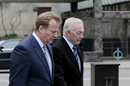 NFL Commissioner Roger Goodell, left, and Dallas Cowboys owner Jerry Jones arrive at the federal courthouse Tuesday, April 19, 2011 in Minneapolis where the NFL and its locked-out football players continue court-ordered mediation.  This begins the second week of meetings between the two sides since March 11, when the old collective bargaining agreement expired, the union dissolved and the lockout began.