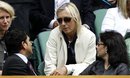 Former Grand Slam champion Martina Navratilova , center, talks to Sachin Tendulkar and his wife Anjali prior to the match on centre court at the All England Lawn Tennis Championships at Wimbledon, Saturday, June 25, 2011.