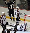 Anaheim Ducks ' Teemu Selanne , (8) celebrates after scoring his third goal of the game against Colorado Avalanche goalie Brian Elliot, bottom, during the third period of an NHL hockey game in Anaheim Calif., on Monday, March 28, 2011.
