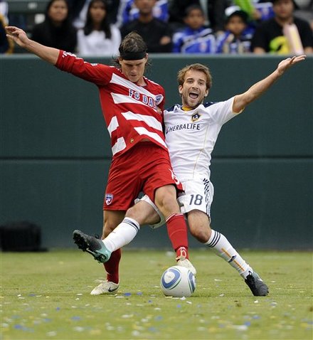 FC Dallas Defender Zach Loyd, Left, And Los Angeles Galaxy Forward Mike Magee Battle For The Ball