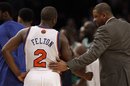 Boston Celtics head coach Doc Rivers talks to New York Knicks point guard Raymond Felton (2) after an NBA basketball game Wednesday, Dec. 15, 2010, in New York. The Celtics won the game 118-116. (AP Photo)
