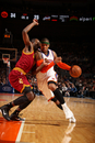 NEW YORK, NY - APRIL 3: Carmelo Anthony #7 of the New York Knicks drives to the basket against Christian Eyenga #8 of the Cleveland Cavaliers during a game on April 3, 2011 at Madison Square Garden in New York City.  (Photo by Nathaniel S. Butler/NBAE via Getty Images)