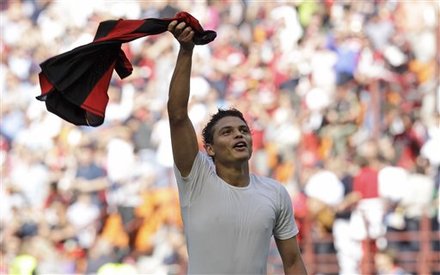 AC Milan Defender Thiago Silva, Of Brazil, Celebrates