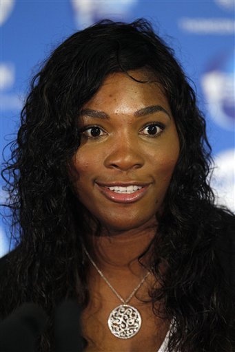 Serena Williams speaks at a press conference ahead of her match Tuesday at the Eastbourne International in Eastbourne, England, Monday, June 13, 2011. The 13-time Grand Slam champion returns to action Tuesday at the Eastbourne International after recovering from an injured tendon in her foot, which led to a blood clot in her lung.