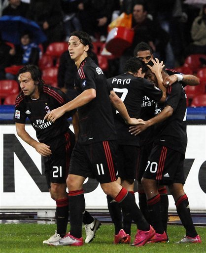 AC Milan's Robinho, Of Brazil, Right, Is Cheered By Teammates, Pato, Of Brazil, Second From Right, Zlatan Ibrahimovic,