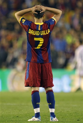 FC Barcelona''s David Villa Reacts