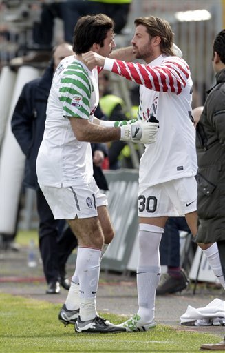 Juventus Goalkeeper Gianluigi Buffon, Left, Greets