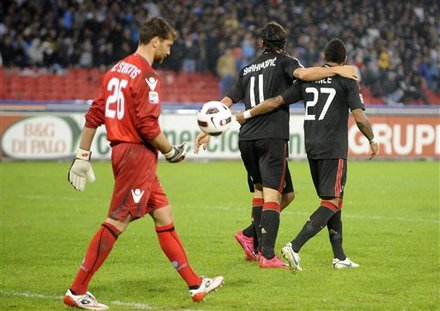 AC Milan's Zlatan Ibrahimovic, Of Sweden, Second From Right, And Teammate Kevin Prince Boateng, Of Ghana, Celebrate In
