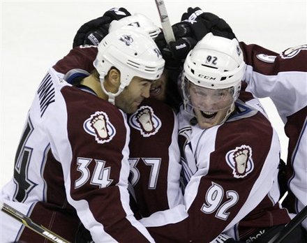 Colorado Avalanche's Gabriel Landeskog, Right, Of Sweden, Celebrates His Goal Against The Columbus Blue Jackets With