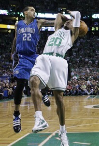 Orlando Magic forward Matt Barnes(notes) (22) strips the ball from Boston Celtics guard Ray Allen(notes) (20) in the fourth quarter of Game 4 in the NBA Eastern Conference basketball finals in Boston, Monday, May 24, 2010.