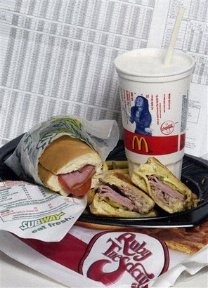 **FILE PHOTO** A collection of menu items including: a 32 ounce vanilla shake from McDonald's 1100 calories; a Cuban Panini sandwich from Ruby Tuesday's 1164 calories; and a six-inch ham sub from Subway 290 calories. The foods are shown in front of a McDonald's nutritional information Dec. 19 2004 in St. Louis. Although they vary greatly in calorie content all the information for these items is readily available at the restaurants that serve them. (AP PHOTO/Tom Gannam)