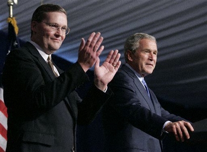 **FILE PHOTO** President Bush, right, is introduced by Rep. John Doolittle, R-Ca., left, during a campaign fundraiser at Serrano Country Club, Oct. 3, 2006 in El Dorado Hills, Calf. (AP Photo/Pablo Martinez Monsivais)