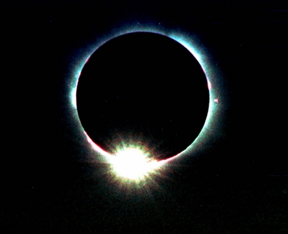 The sun appears as a diamond ring as the moon passes over during the solar eclipse in Graz, about 200 kilometers (167 miles) south of Vienna, Austria on Wednesday, Aug. 11 1999. (AP Photo/Helge O. Sommer)